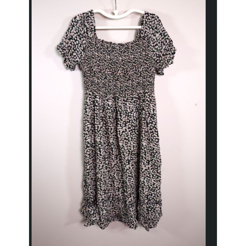 Heyson Black White Floral Smocked Sundress Square Neck Short Sleeve Large